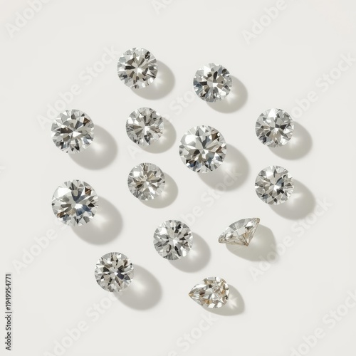 A scattering of faceted diamonds in various cuts (round, princess, pear), brilliantly sparkling under intense directional light, revealing exceptional clarity and fire. Generative AI