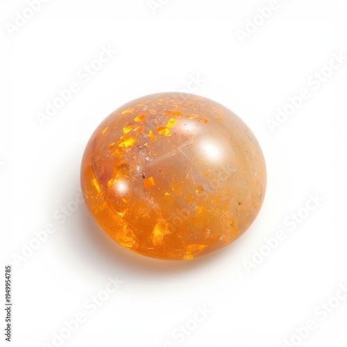 A single, perfectly polished cabochon of vibrant, fiery orange opal, displaying a complex play-of-color phenomenon across its domed surface. Smooth finish, high detail. Generative AI