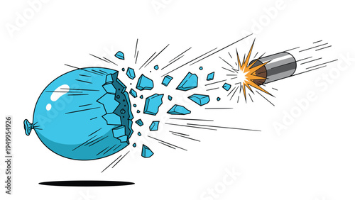 Action shot shows a blue balloon being shattered by a fast-moving bullet with fragments flying in all directions against a white sky.