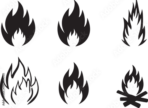 Set of black fire flames vector icons collection different shapes hot burning elements