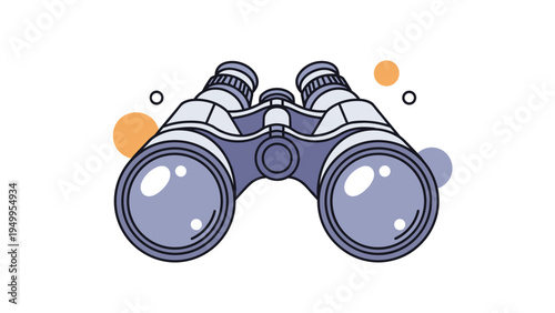 Pair of binoculars is shown in a stylized vector illustration with colorful abstract circles representing focus and observation themes.