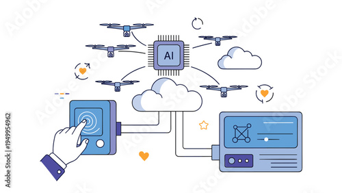 Artificial intelligence technology concept showing a central chip managing drones and cloud data via a touch interface.