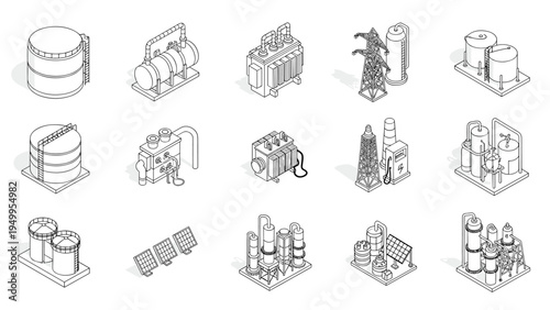 Isometric line drawings of various industrial power infrastructure including electrical transformers storage tanks and solar panels.