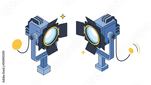 Pair of professional isometric studio spotlights are positioned for a photo shoot, emitting bright yellow light beams.