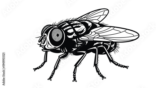 Detailed black and white insect illustration shows a housefly from a side profile, highlighting its wings and legs.