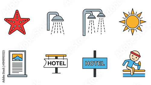 Colorful set of travel and hospitality symbols features seaside elements, hotel signage, and vacation activity icons.
