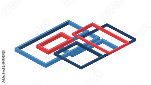 Abstract isometric design consists of interlocking rectangular frames in blue and red tones on a clean white background.