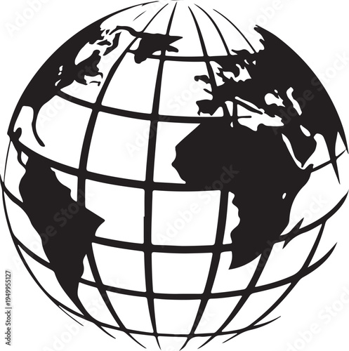 Black globe Earth map with grid lines on transparent background vector illustration