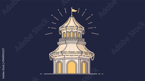 Ornate gazebo with a flag on its pointed roof shines brightly against a dark background, showcasing architectural beauty.