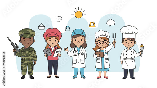 Diverse group of children dressed in various professional uniforms represents future career aspirations and role playing.