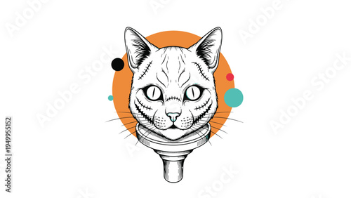 Edgy illustration of a cat head with stitches and a spiked collar is centered on an orange circle with graphic dots.