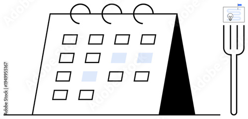 Meal planning concept. Organized calendar with a fork and innovation symbol for meal planning. Meal planning for time management, scheduling, balanced diet, productivity, and efficiency