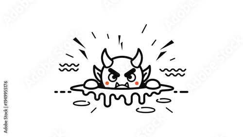 Cute little red-cheeked devil with horns peeks out from a black puddle, surrounded by wavy lines and energetic sparks.