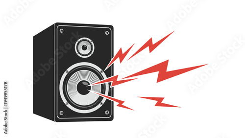 Large black stereo speaker emits powerful sound waves represented by red lightning bolts on a plain white background.