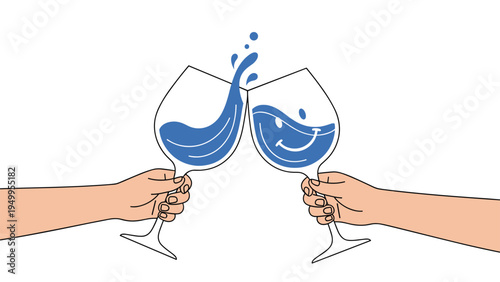 Two hands raise wine glasses for a toast, where the splashing blue liquid forms cheerful smiley faces inside the glass.