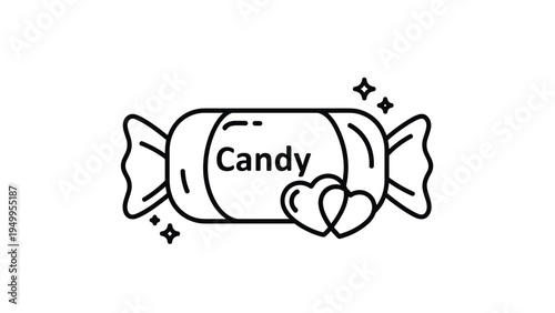 Simple black line art drawing features a wrapped candy piece decorated with tiny hearts and sparkling stars symbols.
