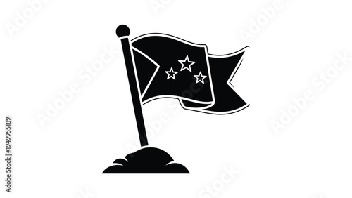 Solid black silhouette shows a flag with three stars planted on a small hill, symbolizing victory or national identity.