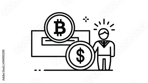 Line art illustration depicts a businessman standing next to large Bitcoin and Dollar coins, representing wealth management.