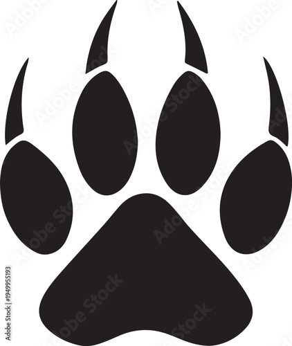 Black silhouette of large animal paw print with sharp claws isolated on transparent background