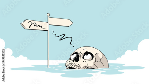 Surreal scene shows a human skull floating in water while looking up at a signpost with two blank directional arrows on a beach.