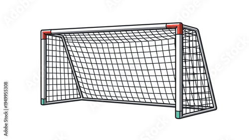 Professional soccer goal post with a white net and colored corner connectors stands ready for action on a sports field illustration.