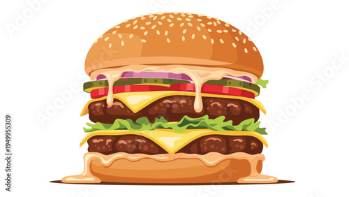 Delicious double meat cheeseburger with fresh lettuce, tomatoes, and melting sauce is shown in a vibrant and appetizing food illustration.