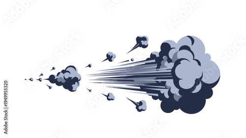 Dynamic graphic of a smoke trail or explosion effect shows dark clouds expanding from a point of impact for action sequences.