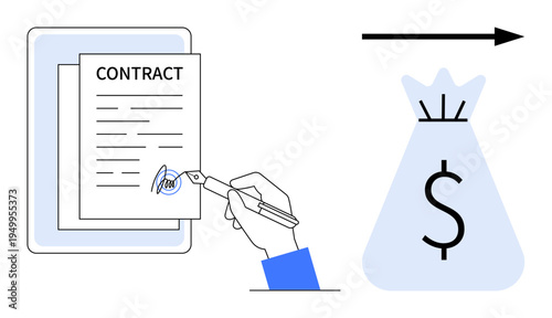 Hand signing contract on clipboard with pen, accompanied by money bag and forward arrow symbol. Ideal for business transactions, payment processes, agreements, financial deals, contracts, legal