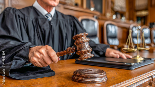 Gavel strikes down as justice prevails in a historic courtroom setting during a pivotal legal moment in the world of law and order