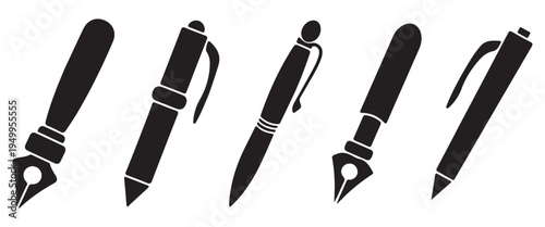 Writing Tools Icon Set – Feather Pen, Pencil, Pen and Paintbrush Vector Symbols for Letter Writing and Creative Design (EPS 10)Web