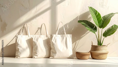 Three blank canvas tote bags for eco-friendly branding mockups, elegantly displayed on a minimalist shelf with natural light and soft shadows