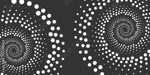 Abstract White Spiral Halftone Dot Pattern on Black Background