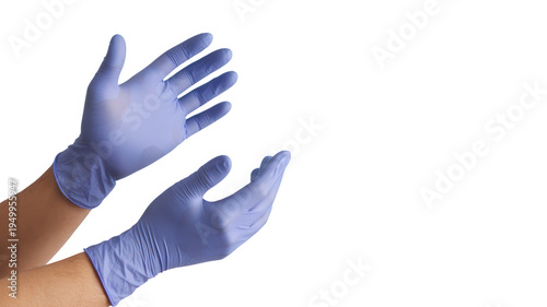 Pair of hands wearing blue medical nitrile gloves, isolated on transparent background