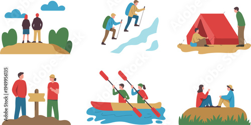 Illustration of people engaging in outdoor adventure activities showcasing active lifestyle hiking camping climbing and recreational fun in nature