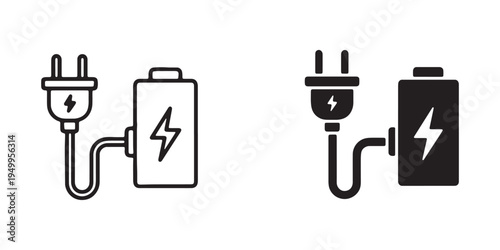 Black and white line icons of power adapter and battery charging connections