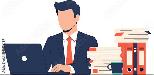 Businessman working diligently at his desk with stacks of documents and laptop, representing productivity and office tasks