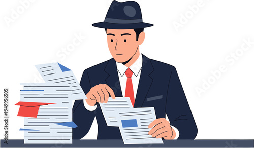 A professional in a fedora diligently reviews and organizes a large volume of documents, highlighting administrative duties, investigation, and complex business management