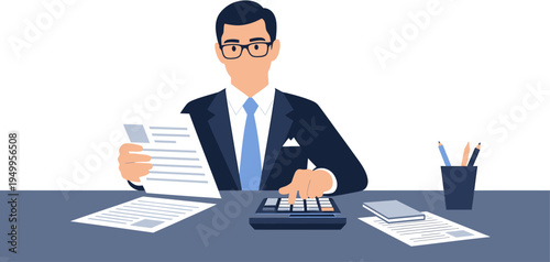 Professional businessman reviewing documents and using calculator at his desk, symbolizing finance and accounting