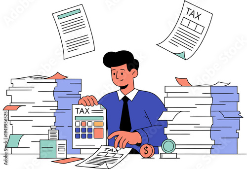 Man Calculating Taxes and Reviewing Financial Documents Amidst Stacks of Paperwork
