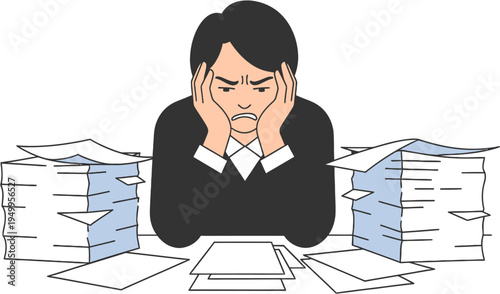 Stressed businessman overwhelmed by piles of paperwork, feeling pressure and anxiety at work, struggling with workload and deadlines, feeling exhausted