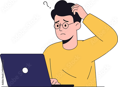 A confused person wearing glasses scratches their head while looking at a laptop with a question mark above their head, representing uncertainty or a problem
