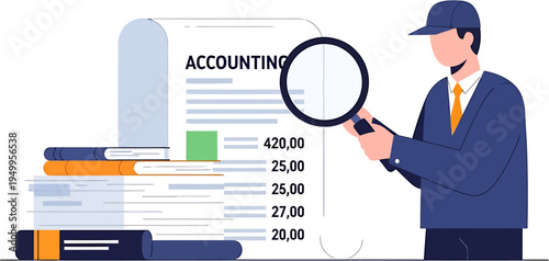 A businessman in a cap holding a magnifying glass over an accounting document with financial figures and charts, symbolizing auditing and financial analysis