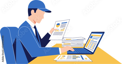 Focused business professional analyzing financial data and reviewing reports on a laptop, managing documents and charts for strategic insights and efficient workflow