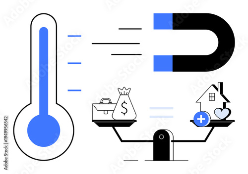 Economic trade-offs. Balancing resources thumbs up money and health economic trade-offs and priorities. Economic decisions with magnet and thermometer. For finance, healthcare, decision-making