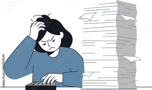 Overwhelmed woman struggling with a mountain of paperwork and calculations, experiencing work stress and pressure to meet deadlines in a busy office environment