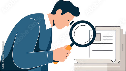Professional man meticulously examining business documents with a magnifying glass, illustrating thorough inspection, data analysis, and information discovery