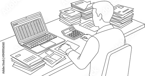 Diligent professional focused on financial data entry and meticulous paperwork organization at a busy desk with a laptop and calculator, managing heavy workload