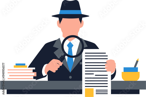 Investigator examining documents with a magnifying glass at a desk, symbolizing research and analysis of evidence for a case or investigation