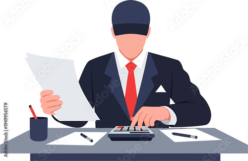 Focused Financial Professional Performing Calculations and Managing Documents at a Desk, Representing Business Accounting, Tax Preparation, and Office Administration