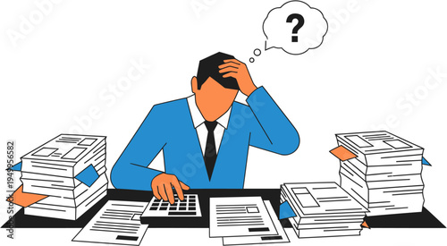 Confused Businessman Overwhelmed by Paperwork and Calculations at His Desk